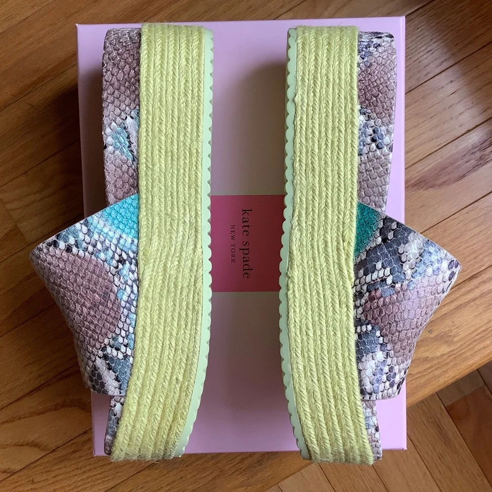 Kate Spade Zia Platform Croc Embossed Leather Slide Sandals Lemon SZ 9
